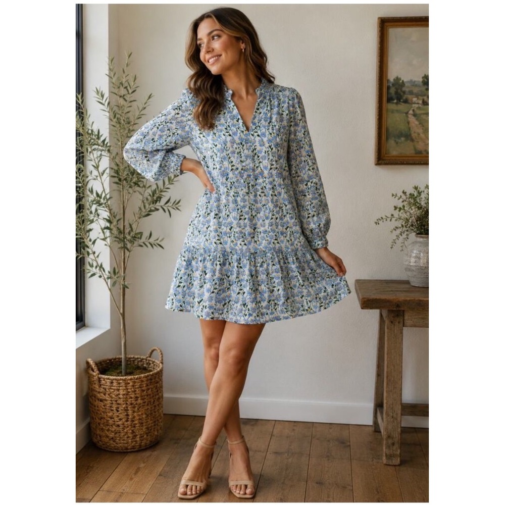 Tuckernuck Blue Daisy Embroidered Palmerston Dress Ruffle Neck Large NWT